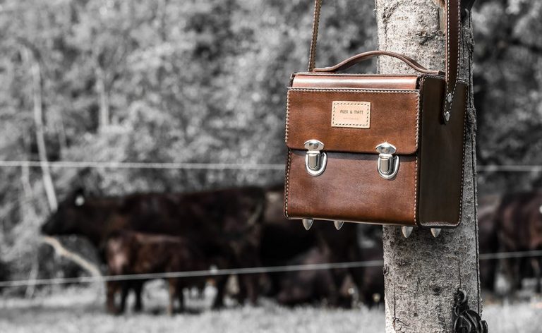 Braune Umhängetasche hängt an einem Baum, im Hintergrund sind Kühe zu sehen.